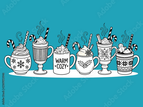 A charming collection of festive winter hot chocolate mugs decorated with seasonal motifs and candy canes