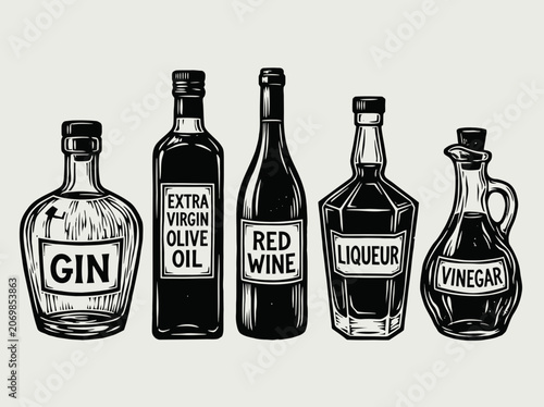 A Collection of Vintage Etched Glass Bottles Containing Gin, Olive Oil, Red Wine, Liqueur, and Vinegar