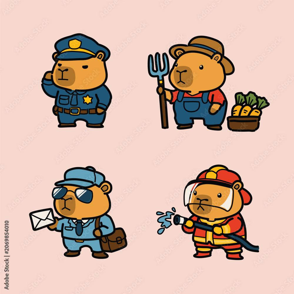 Fototapeta premium Cute Capybara Community Helpers Set – Police Officer, Firefighter, Mail Carrier and Farmer