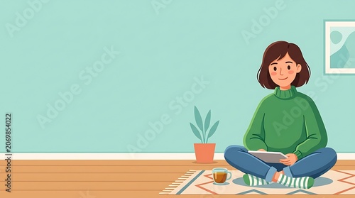 Young woman sitting cross-legged on floor using tablet at home