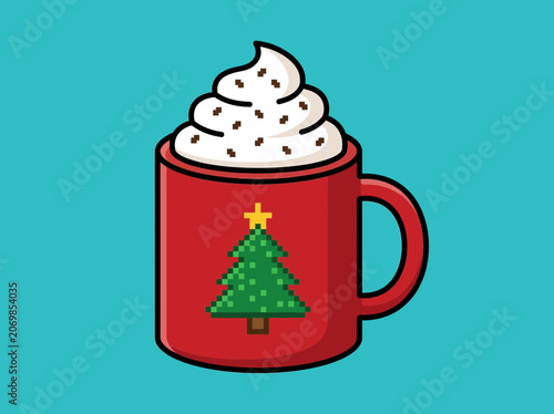 Festive red mug filled with whipped cream and chocolate, adorned with a pixelated Christmas tree and star.
