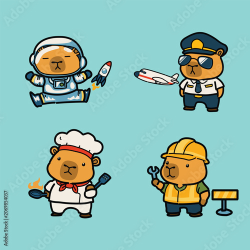 Cute Capybara Future Careers Characters Set – Astronaut, Pilot, Chef and Construction Worker