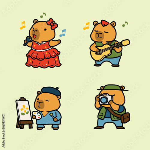 Cute Capybara Creative Characters Set – Artist, Singer, Musician and Photographer