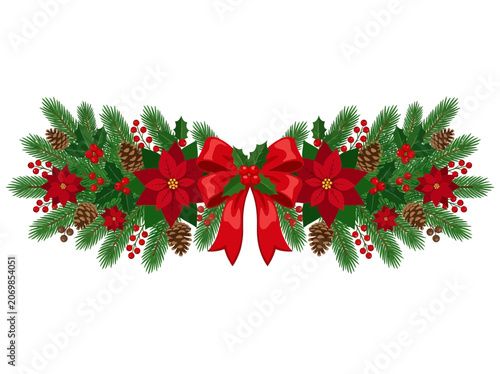 Festive Christmas garland with poinsettias, pinecones, holly, berries and a red bow
