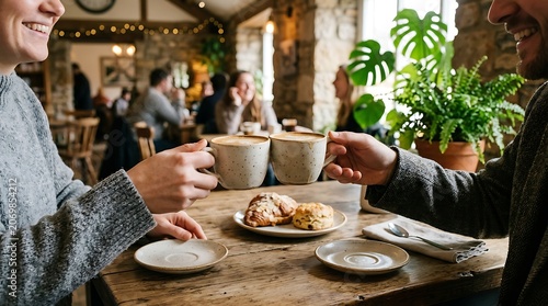 Friends Sharing Coffee and Dessert at Cozy Outdoor Café Table