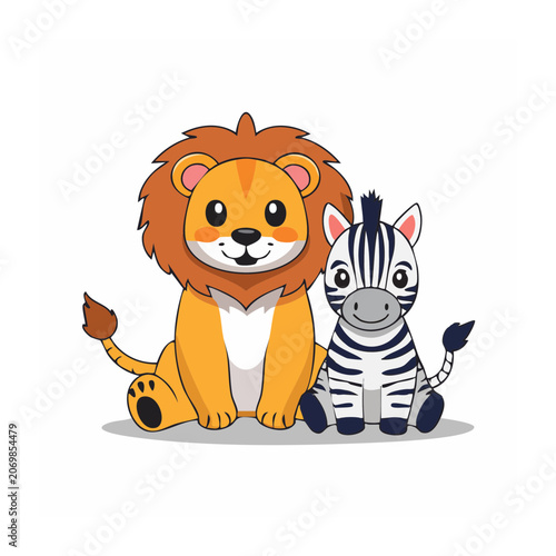 Cartoon Lion and Zebra Sitting Together
