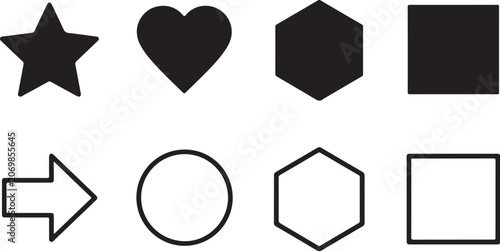 Set of flat icons with star, heart, hexagon, square, arrow, circle