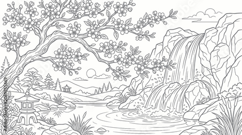 Konstfotografi Waterfall and cherry blossoms in mountain landscape coloring page