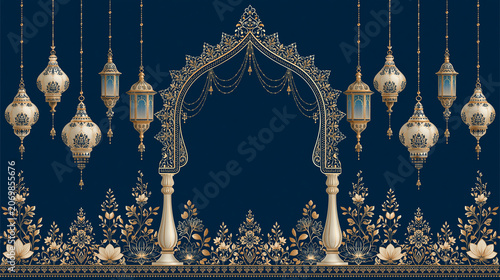 Ornate Ramadan Arch with Hanging Lanterns and Floral Border
