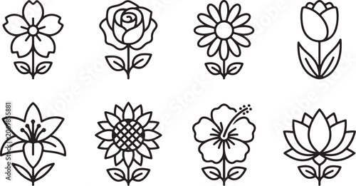Set of eight simple black line flowers icon