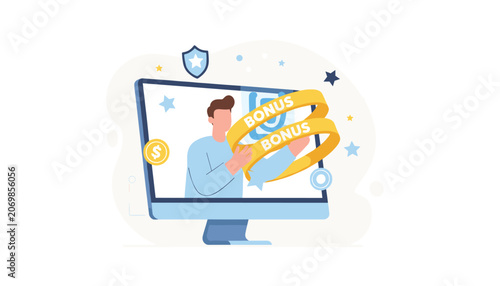 Customer loyalty program concept showing a man receiving golden bonus rings from a computer screen illustration.