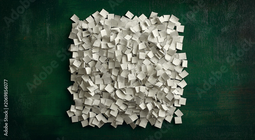 a collection of plain white square papers, each with slightly rough or torn edges, is strewn across a dark pink wood surface