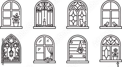 Decorative window sill illustrations with plants and animals