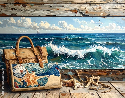 A still life of a bag and starfish on wooden planks with a seascape visible through a wooden frame
