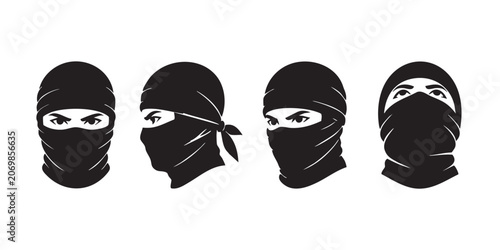 Schilderij op canvas Black Silhouette Vector Set of Ninja and Face Wrap Head Profile Avatars