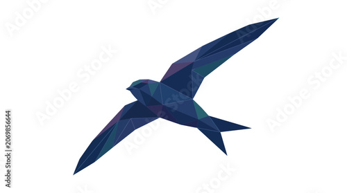 Geometric low poly swift bird flying, abstract polygon art, blue and purple.