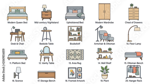 Bedroom Furniture Set Illustration: Bed, Wardrobe, Desk, Nightstand, Lamp