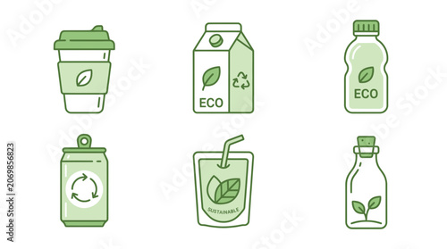 Eco-friendly Drinks Icons: Coffee Cup, Carton, Bottle, Can, Pouch, Flask