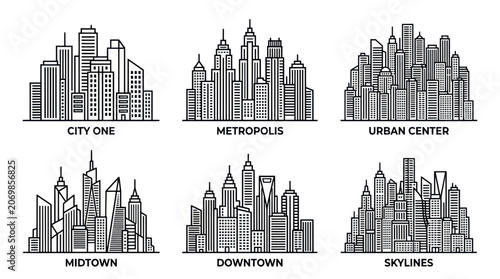 Set of Six City Skyline Icons: Metropolis, Downtown, Urban Center, Midtown, City One, Skylines