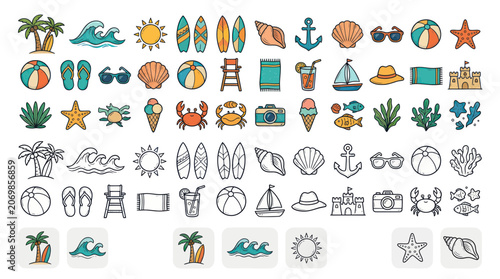Summer Vacation Icons: Beach, Sun, Sea, Travel & Leisure Clipart Elements
