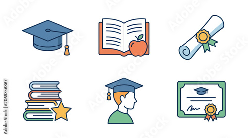 Education Icons: Graduation Cap, Diploma, Books, Apple, Star