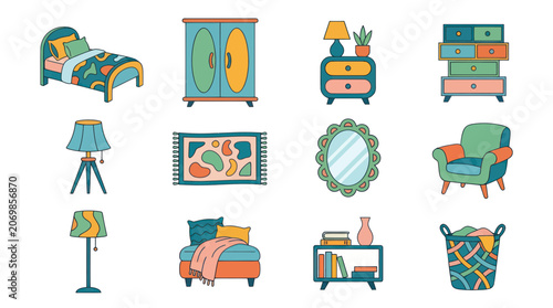 Cozy Home Furniture Set: Bed, Wardrobe, Dresser, Chair, Lamp, Rug, Mirror