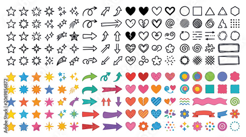 Doodle Elements: Stars, Hearts, Arrows, Shapes & Flowers - Hand-drawn Collection