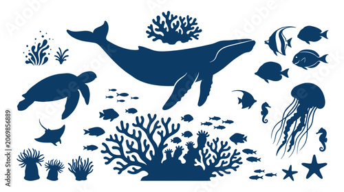 Ocean Life Silhouette Collection: Whale, Turtle, Fish, Jellyfish, Coral