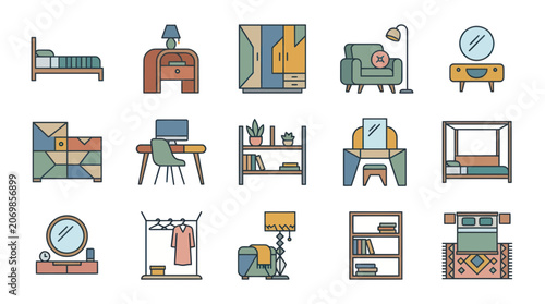 Modern Furniture Icons Set: Bedroom, Living Room, Office - Flat Design