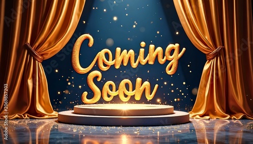 Festive announcement artwork showing glittering golden Coming Soon text, spotlighted platform, golden curtains, and glowing particles