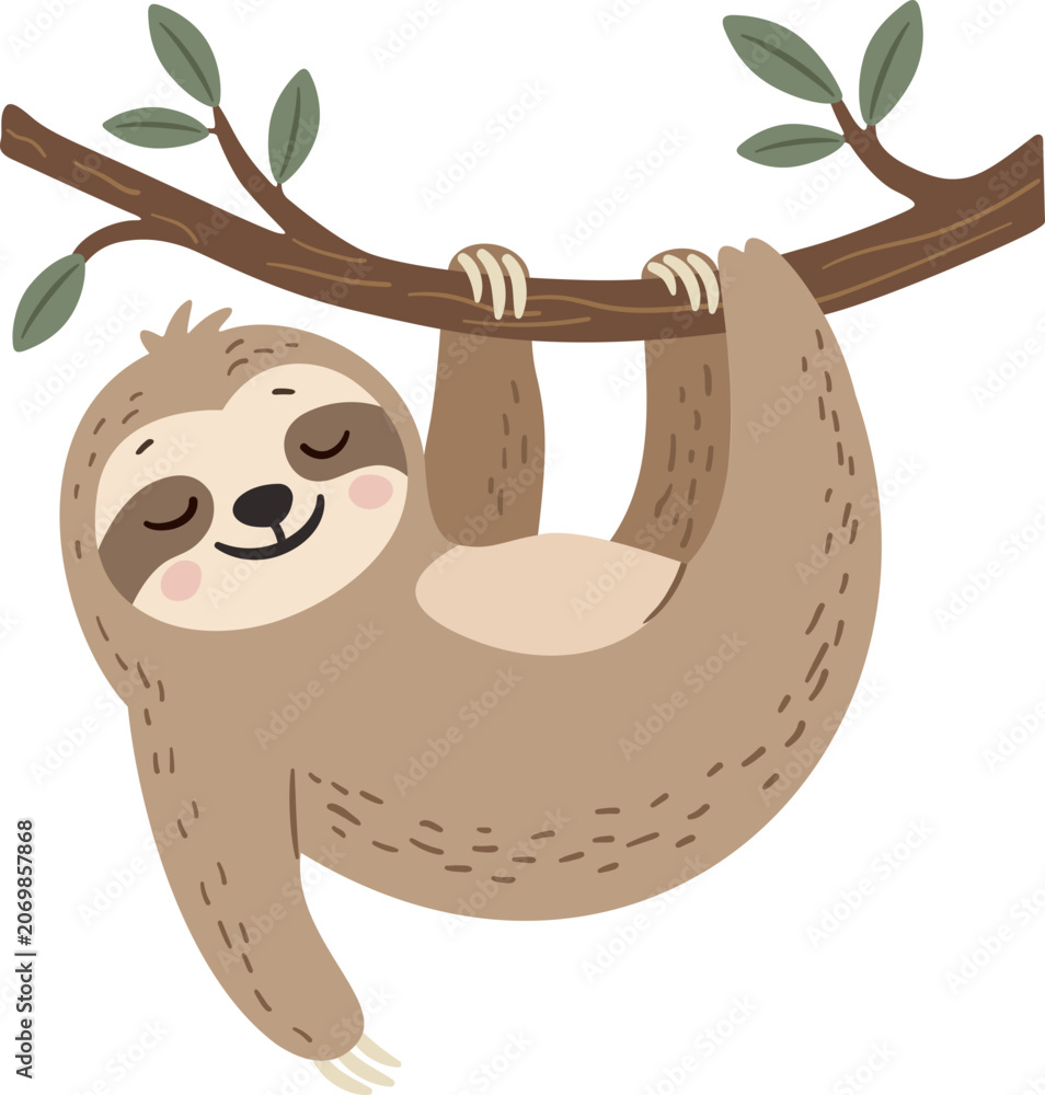 Fototapeta premium Cartoon Sloth Hanging On Tree Branch