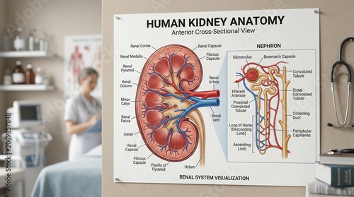 Human kidney anatomy poster with cross-sectional renal system and nephron diagram in a medical clinic, nephrology education, healthcare training and anatomy reference