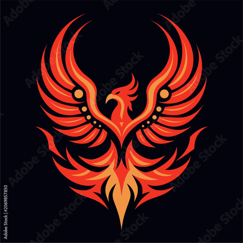 Red heart with wings phoenix tribal tattoo design with flames vector art illustration