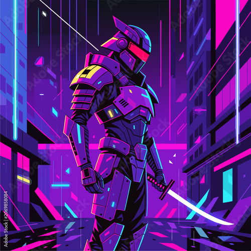 futuristic cyborg warrior woman robot soldier holding sword illustration vector art