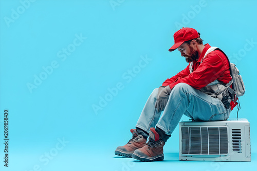 Tired Technician Sitting on an Air Conditioner Unit