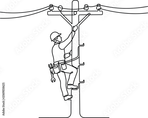 Photos Lineman Climbing Utility Pole Power Lines Maintenance Safety Gear Continuous Lin