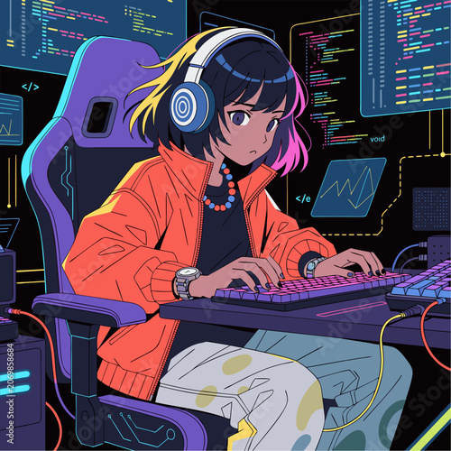 Young woman working on laptop computer in office at night illustration cartoon vector technology scene