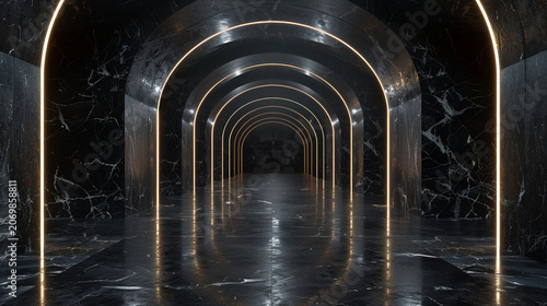 Luxury Dark Marble Arched Tunnel Corridor with Glowing Gold Light Arches
