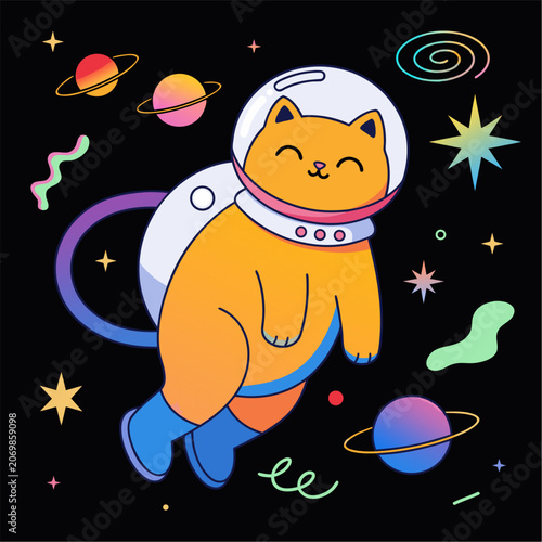 Cat and mouse on the moon cartoon illustration in a fun night sky with stars and cute animals design