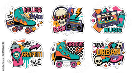 Photos Urban street art stickers featuring retro roller skates and skulls