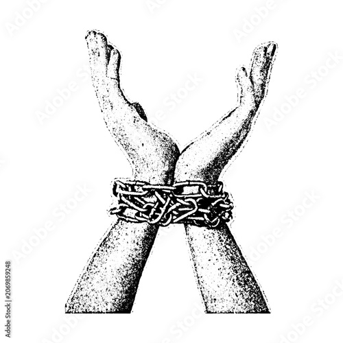 Stippled drawing of human hands bound together by heavy metal chains with restraint shackles imprisonment struggle illustration monochrome symbolism metallic textured detailed stippling