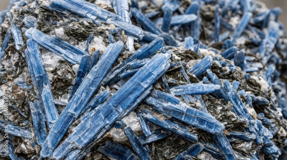 Fototapeta premium Raw Blue Kyanite Crystal Specimen Macro Close Up Natural Mineral Formation for Geology Study and Metaphysical Healing Energy Collection Background