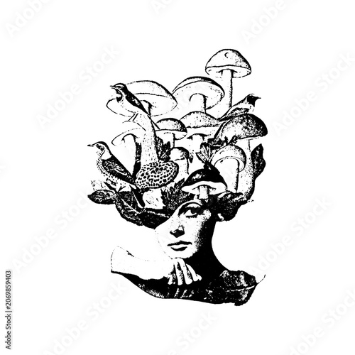 Human face overgrown with mushrooms and fungi surreal stippling mushrooms portrait botanical illustration textured detailed monochrome creative metaphor transformation artistic stippling