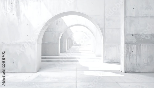 A stark, bright corridor of repetitive arched structures in a monochromatic palette. Light streams, creating depth