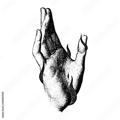 Stippled art style hand gesture showing open palm and fingers with reaching illustration monochrome symbolism textured detailed stippling engraving composition abstract movement expression