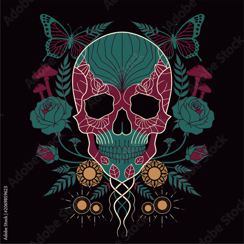 Skull with flowers and wings illustration tattoo gothic horror vector design