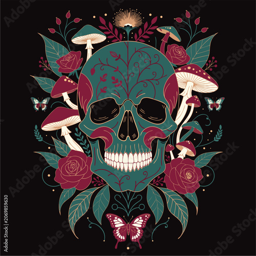Skull and crossbones tattoo illustration featuring skull with flowers and wings, gothic horror vector design