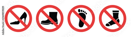 Prohibition sign set, red circle warning symbols, no high heels boots barefoot flip flops allowed safety restriction rules, footwear prohibition vector illustration.
