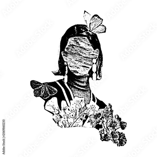 Surreal fashion portrait illustration featuring a woman with butterflies and floral accessories portrait butterfly illustration feminine botanical monochrome abstract creative mystical