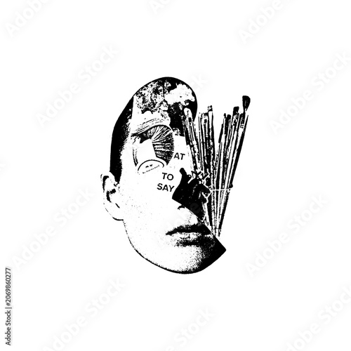 Surreal human head conceptual art with paint brushes emerging from the face conceptual portrait creative painting illustration abstract monochrome engraving mystical metaphor visionary